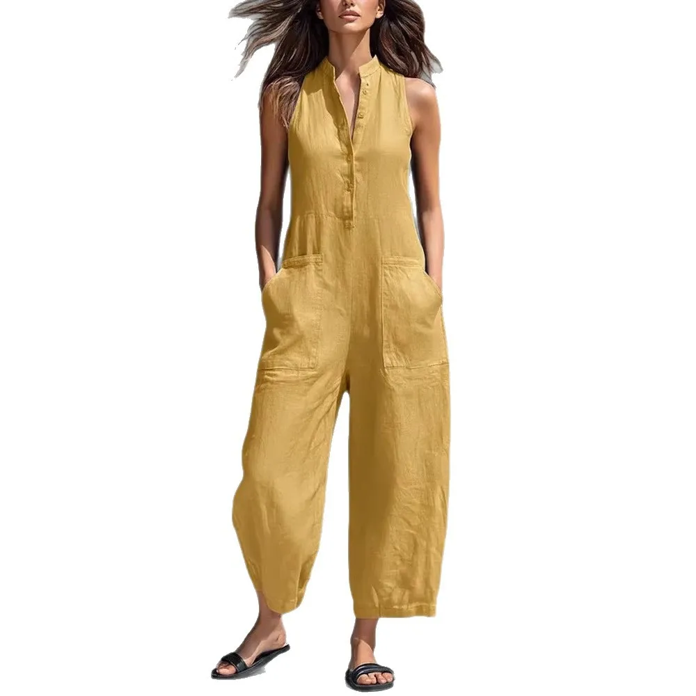

2026 Casual Women's Sleeveless Stand Collar Pocket Jumpsuit Independent Style Sleeveless Jumpsuit