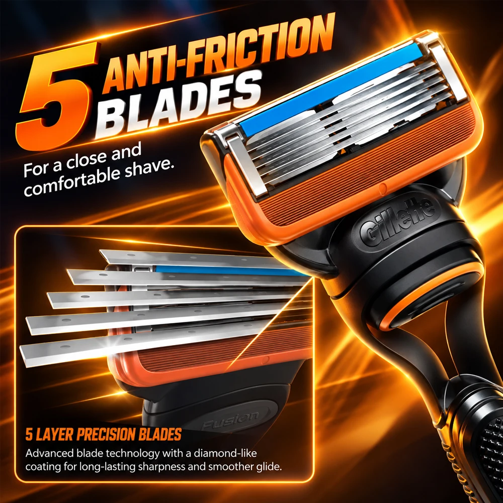 Gillette Razor for Men 5 Layer Blade Fusion5 Series Safety Manual Shaver with Precision Trimmer Replacement Shaver Head Set