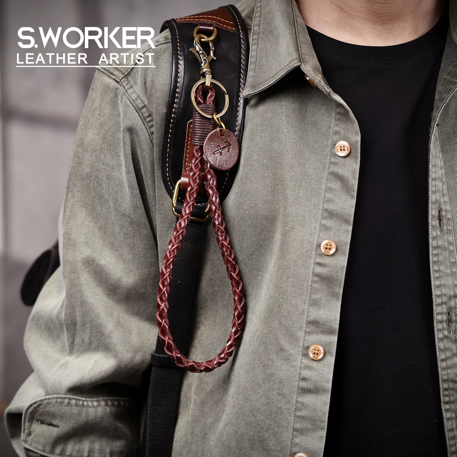 Vintage Echtleder Handgefertigter Schlüsselanhänger Handgewebtes Rindsleder Geschenk für Männer & Frauen mit Sternzeichen-Messinghaken Rucksack-Accessoire – Detail 2