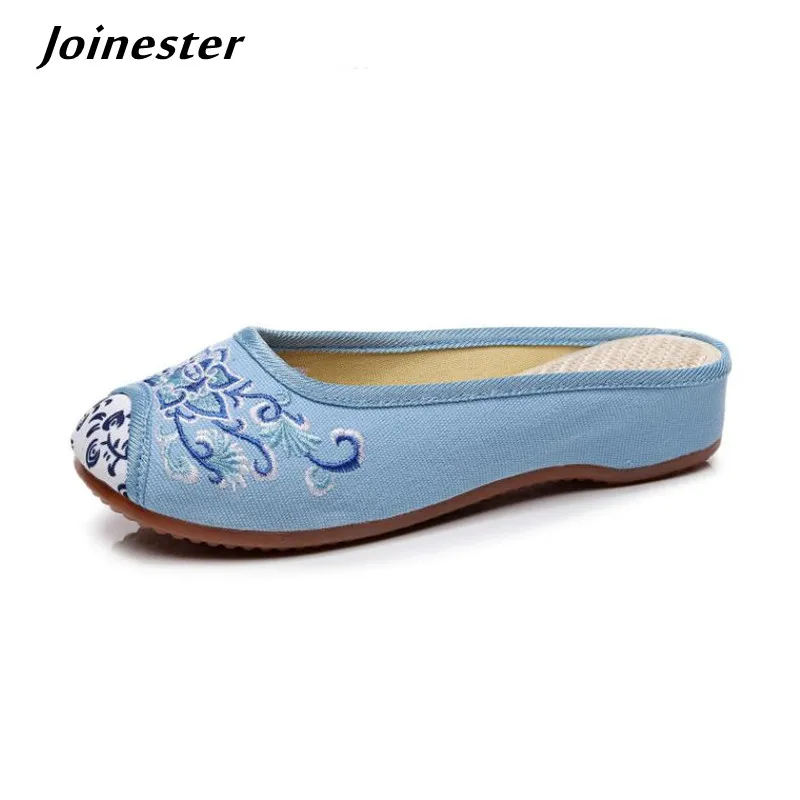 Women Canvas Slippers Summer Ethnic Embroidered Slides for Ladies Vintage Dress Shoes Round Toe Lotus Mules Backless Sandals