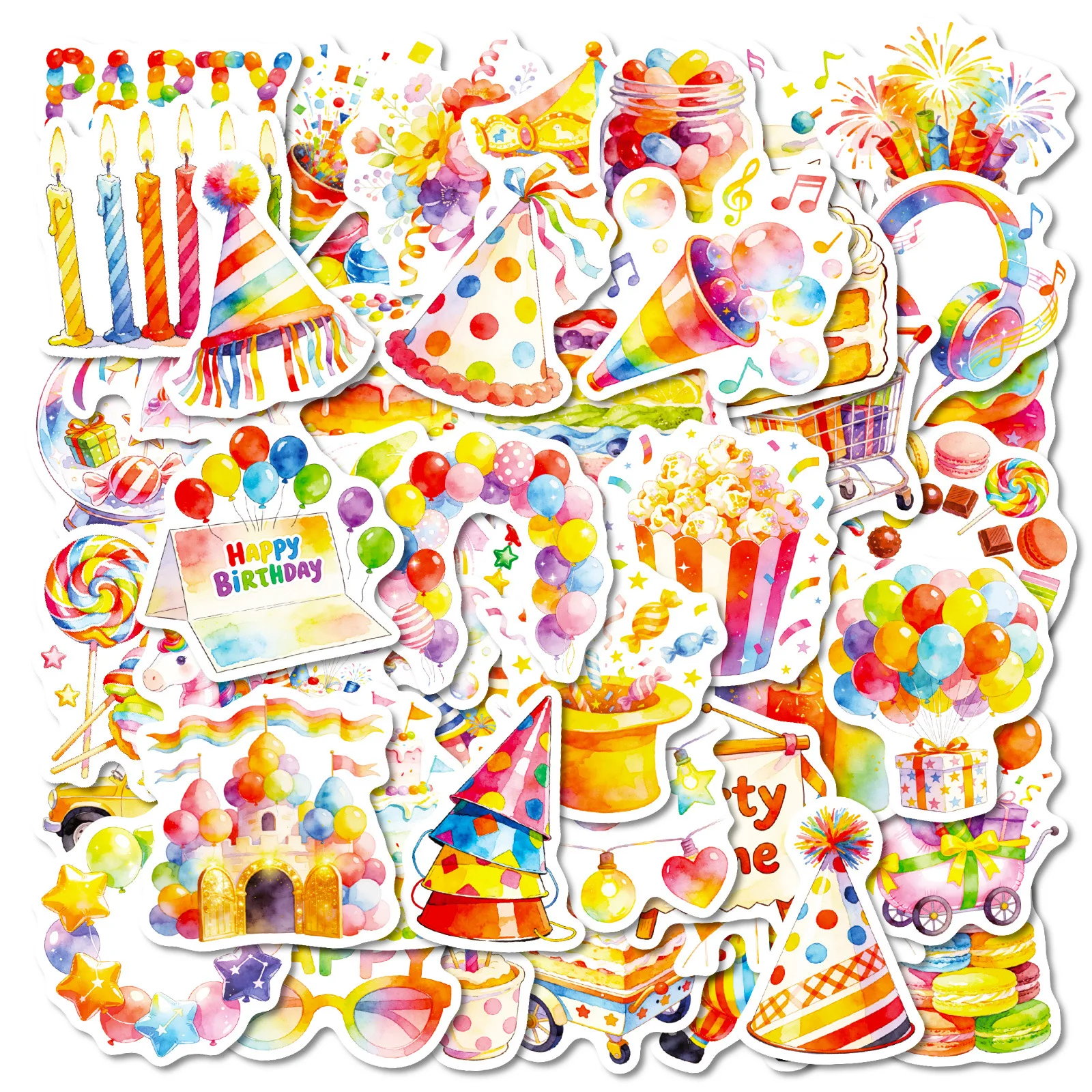 56 Uds. Pegatinas de grafiti para fiesta de cumpleaños de acuarela, globos, pasteles, elementos de dulces, papelería para estudiantes, cuaderno, pegatinas de regalo de cumpleaños