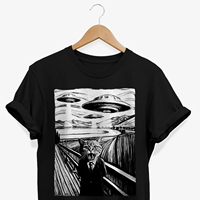 Screaming Cat UFO T-Shirt Funny Alien Abduction Graphic Tee Retro Streetwear High-quality Crew-neck Short-sleeved Men's T-shirt