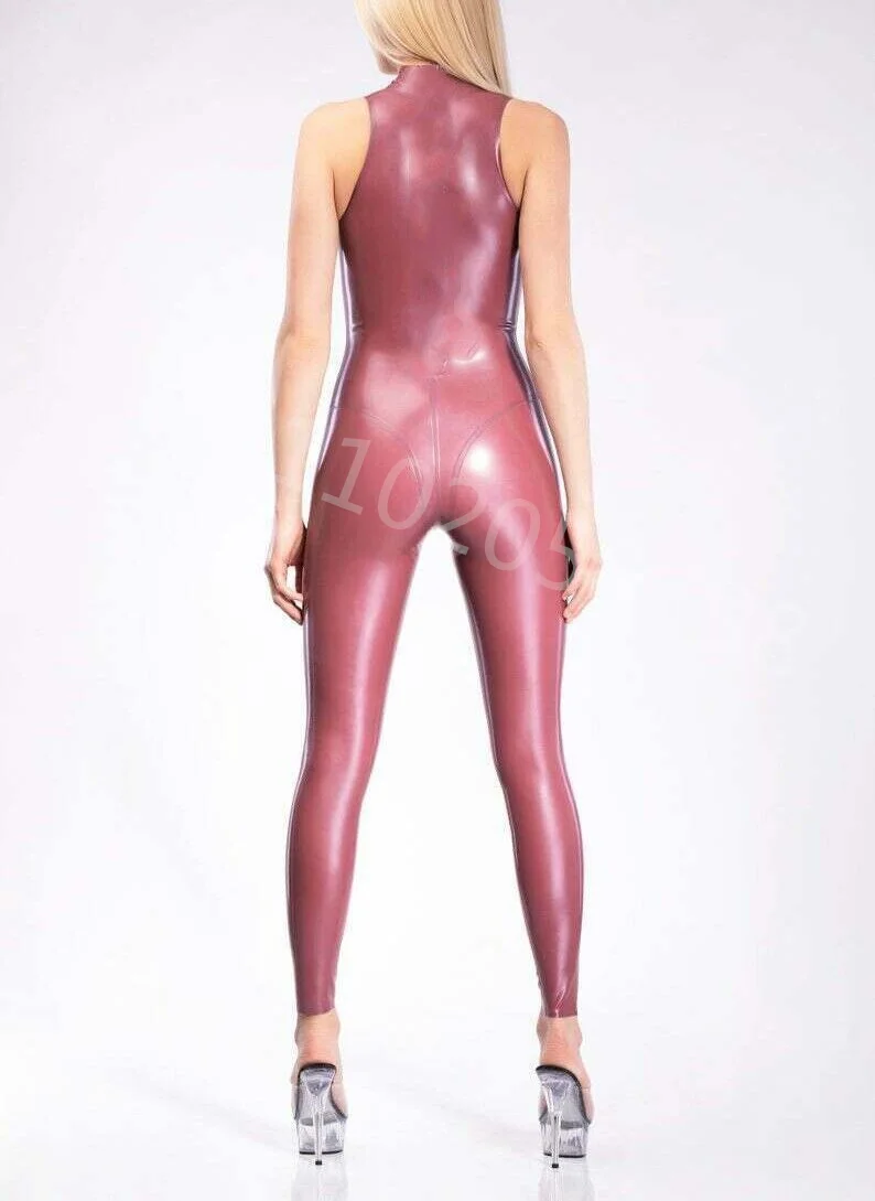 Natural Latex bodysuit Women latex catsuit sleeveless no zip neck entry high Neckline 0.4mm