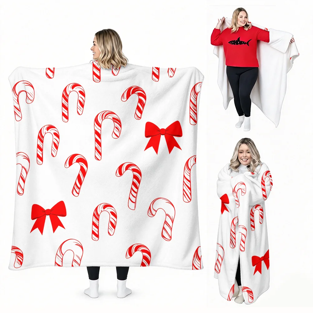 1PC Christmas Red Candy Cane Print Wearable Blanket-Soft and comfortable for both men and women. Great for everyday use, holiday