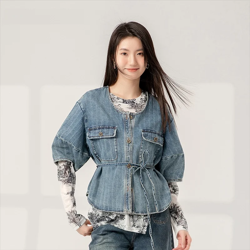 

Новая весенняя свободная повседневная джинсовая куртка Dailanzhi с круглым вырезом, универсальная, из хлопка, на пуговицах, тонкая, с рукавом 3/4