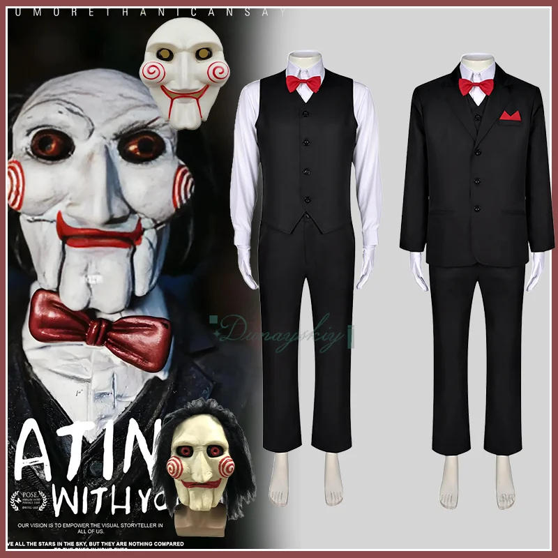 

Jigsaw Killer Black Suit Red Bow Tie Terror Mask Cosplay Costume Adult Men Outfit Halloween Party Carnival Horror Film Costumes