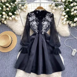Elegant Sexy Mesh Long Sleeves Beading Mesh Patchwork Embroidery Dress Chic Vintage Women French Evening Casual Puff Dresses