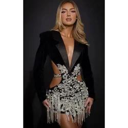 2024 Luxury Diamonds Tassel Sexy hollow Out Notched Black Mini Dress Woman Evening Party Vestido Celebrate Club Party Outfit