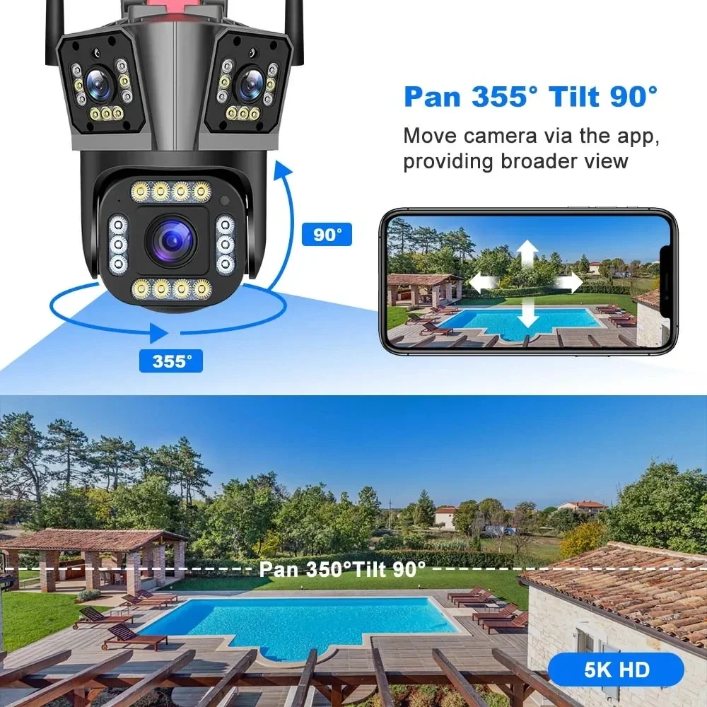 IPC360 kamera pengawas rumah, kamera keamanan luar ruangan penglihatan malam warna Audio dua arah pelacakan otomatis 3 lensa WiFi PTZ 5K 12MP