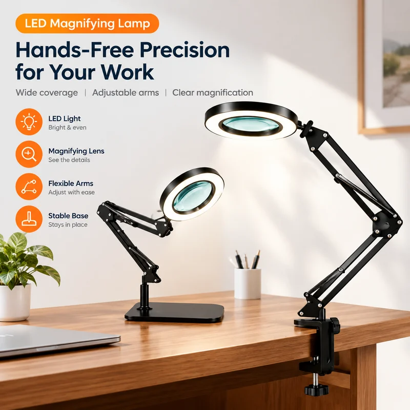 Magnifying Lamp LED Desk Light, 10X Folding Glass Lens, Eye-Care Dimming, USB Powered, for Repair, Reading, Nail Art, Beauty Spa
