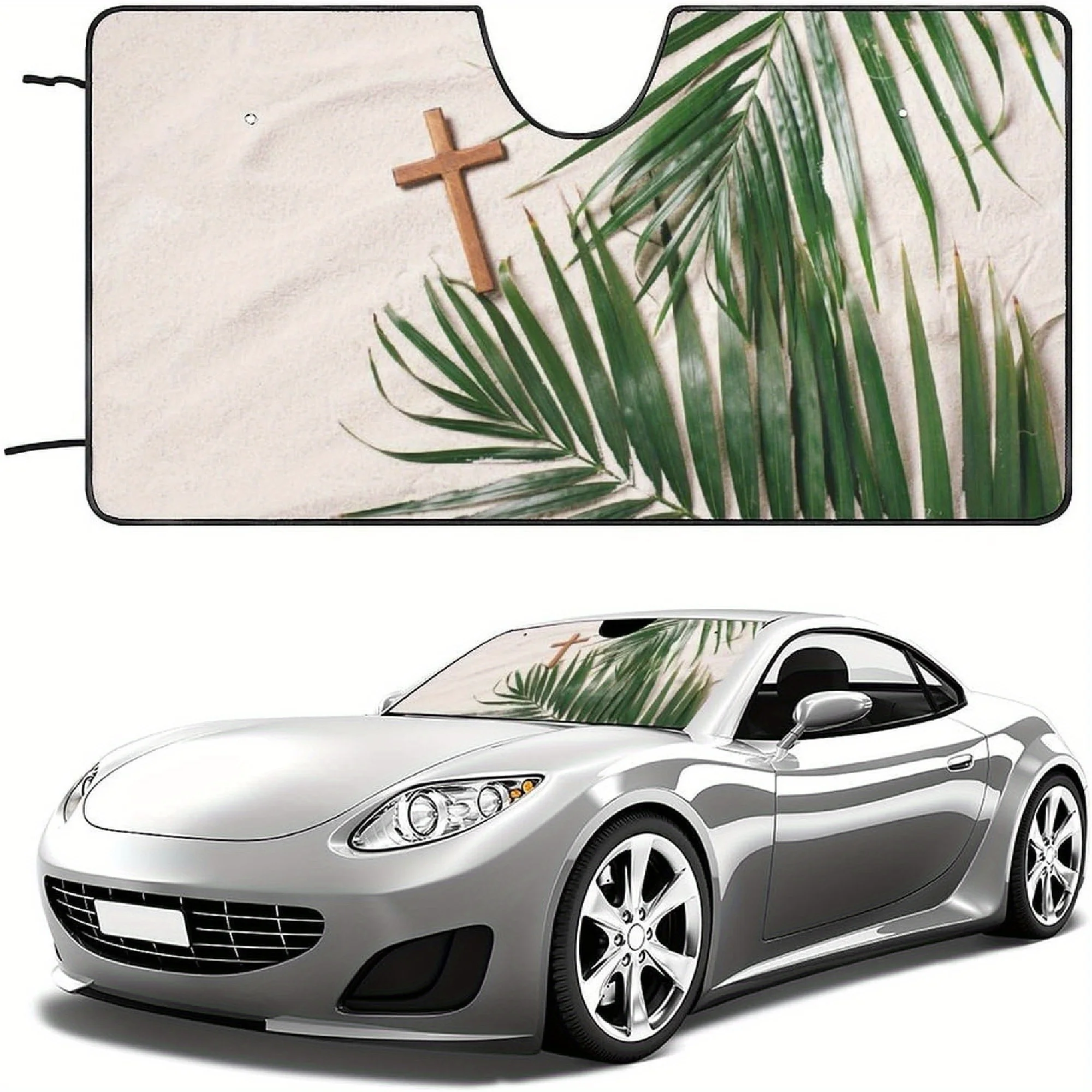 

Palm Sunday Cross Car Sun Shade - Heat-Blocking Windshield Cover with Tropical Palm & Cross Design, 55x30 Inch, Keeps Your Vehic