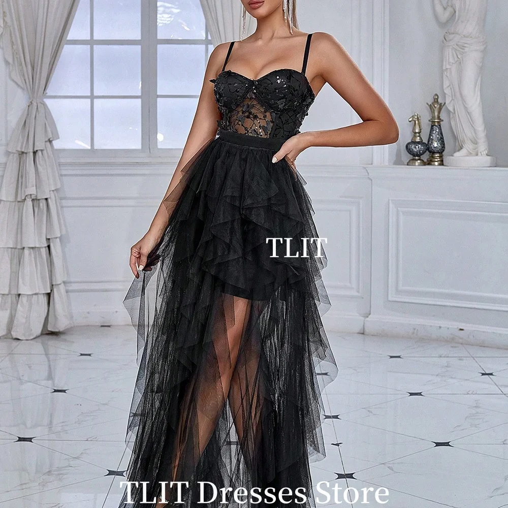 TLIT Sexy Black Sequined Evening Dresses Customized Tiered Tulle Hem Cocktail Dresses Spaghetti Strap Sweetheart Gowns Vestido