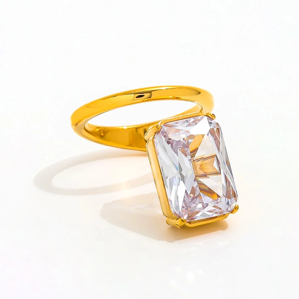 

Joolim Jewelry High End PVD Wholesale Waterproof Designer Fashion Big Rectangle Zirconia Stainless Steel Ring Trendy For Women
