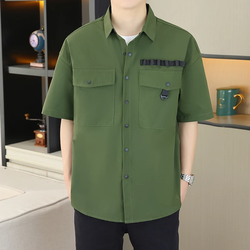 

New Summer Fashion Solid Color American Style Workwear Short Sleeve Shirt Men's Casual Loose Sports Plus Size High Quality Shirt