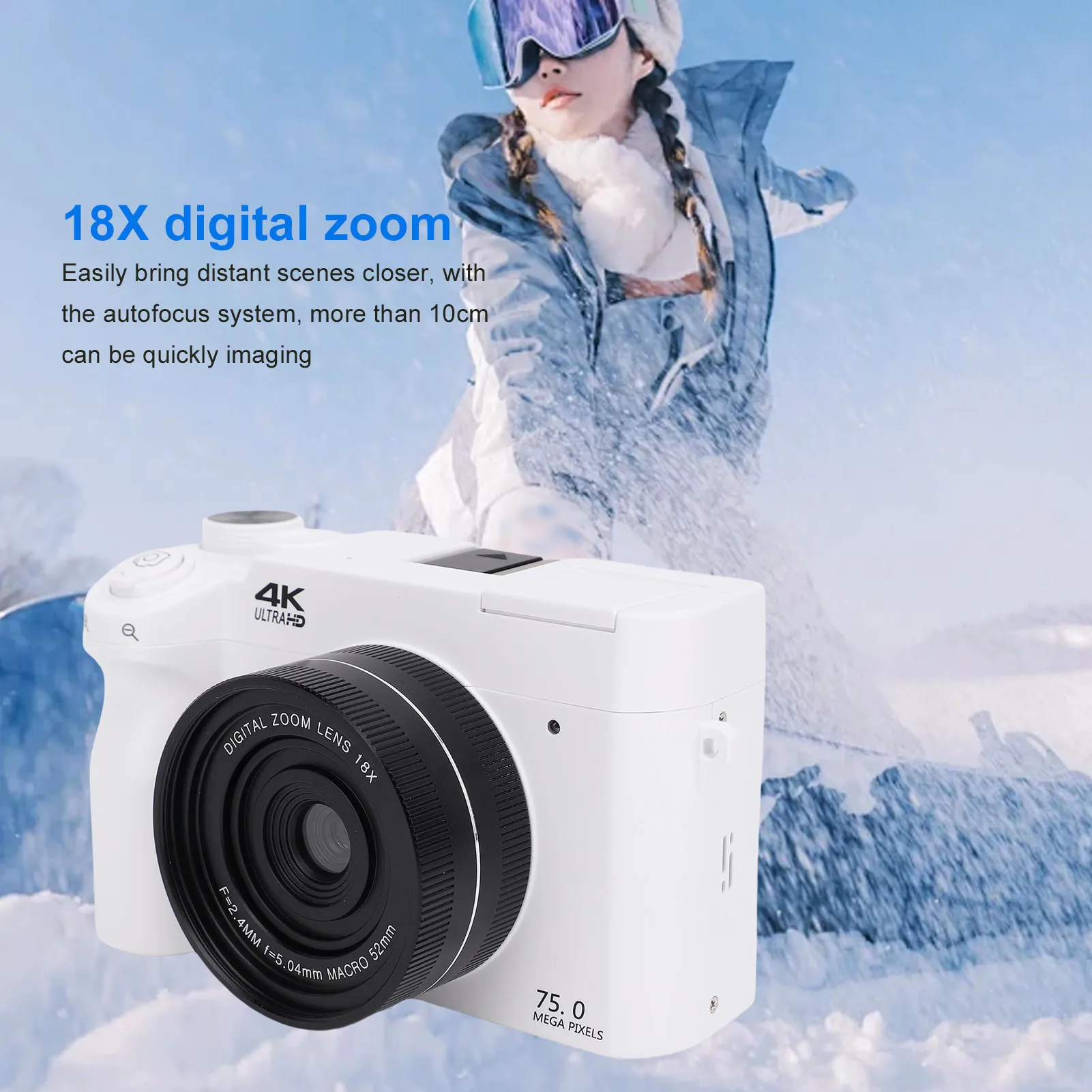Mirrorless Camera Autofocus 18x Digital Zoom WiFi Dual Lens Digital Camera Hot Shoe 4K 75MP HD with Flashlight for Photography