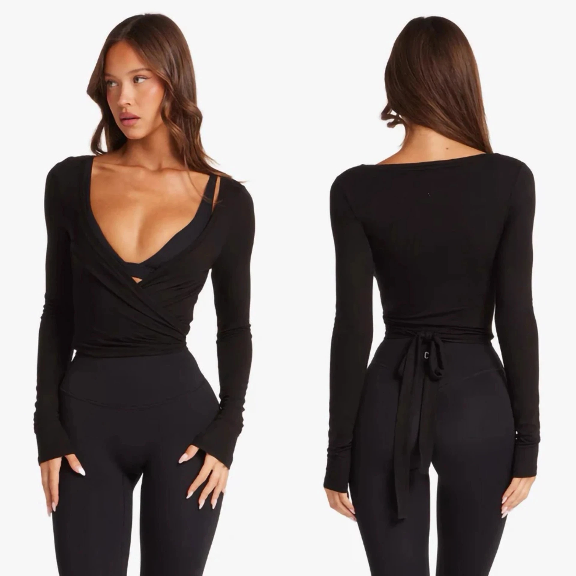 C-B Women Cross Wrap Long Sleeve Yoga Top Deep V Back Tie Crop Shirts Thumb Hole Slim Pilates Workout Cover Sport Blouses image 2