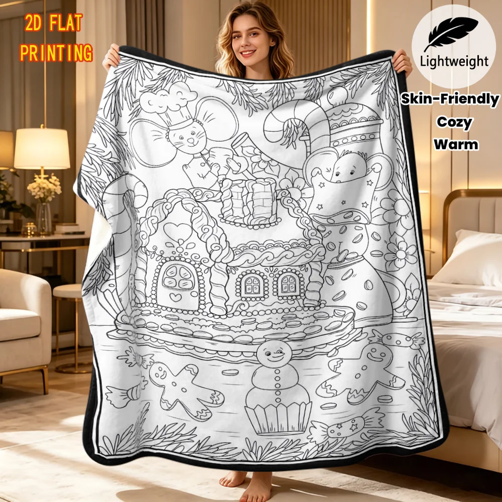 Portable Flannel DIY blanket Christmas Gnome Hand Drawn Blanket Warm Throw Blanket for Reading Nook Decor
