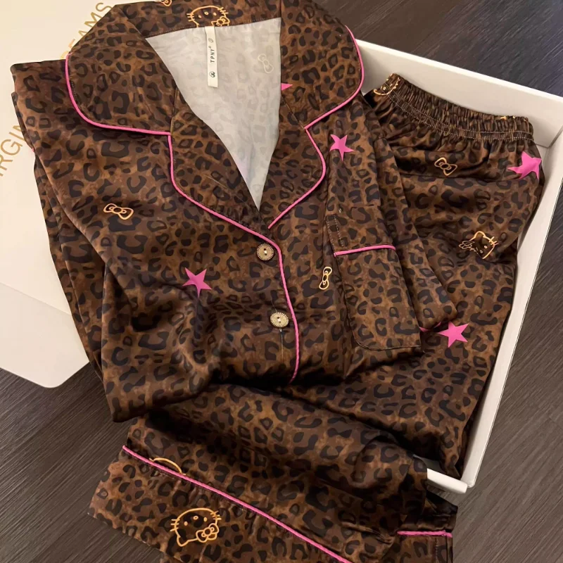 

Sanrio Hello Kitty Sexy Pajamas for Women Kawaii Cartoon Spring Sleepwear Long Sleeve Pant Pyjama Leopard Print Pijama Home Suit