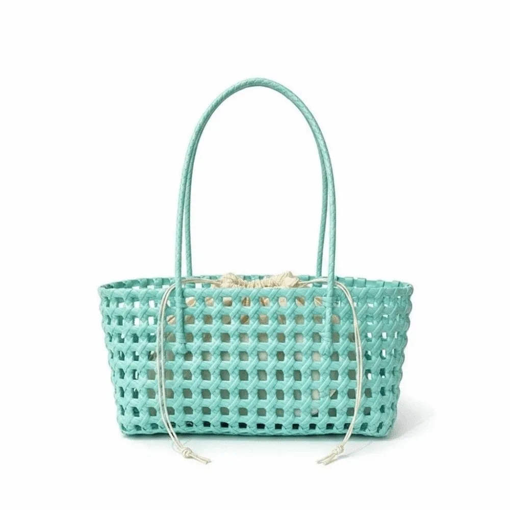 Lightweight Woven Basket Bag Breathable Large Capacity Hollow Out Tote Flexible Mesh Soft Handle Handmade Handbag