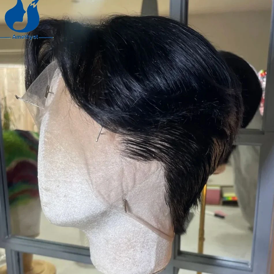 

Amethyst Natural Black Full Lace Wig Short Pixie Cut with Central Part Shaved Sideburns Straight Remy Human Hair Layered for Men