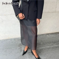 TWOTWINSTYLE Solid Mesh Skirts for Women High Waist Temperament Minimgalist Skirt Female Fashion Style New