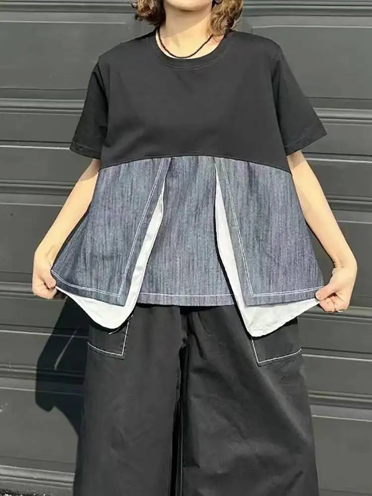 

Women Black Irregular Color-block Big Size T-shirt New Round Neck Short Sleeve Fashion Tide Spring Summer