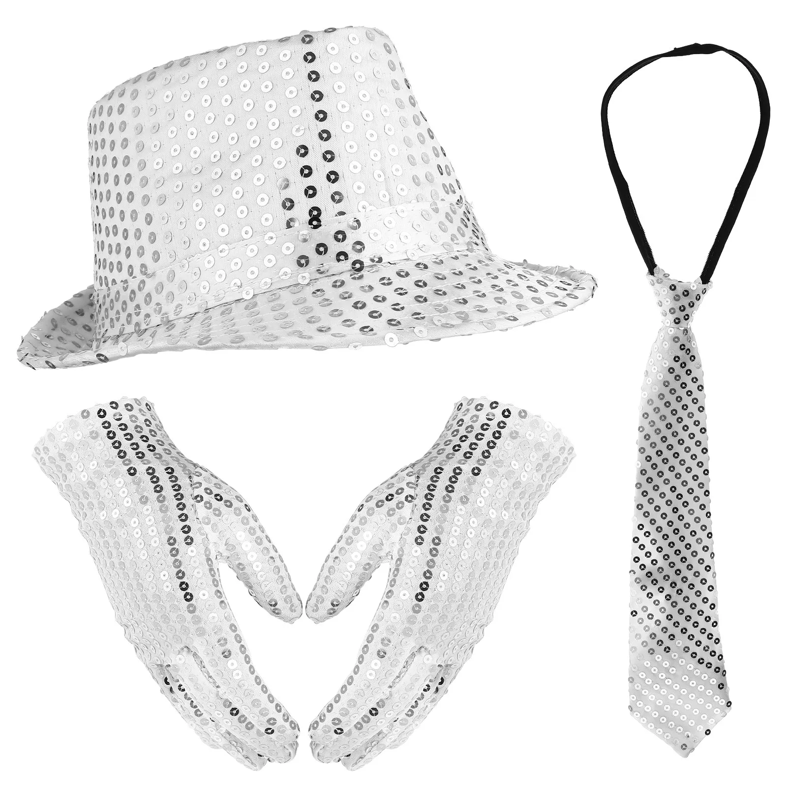 

1Set Jazz Dance Costume Sequined Hat Gloves Necktie Stage Performance Party Supplies Jazz Hat Performance Costume