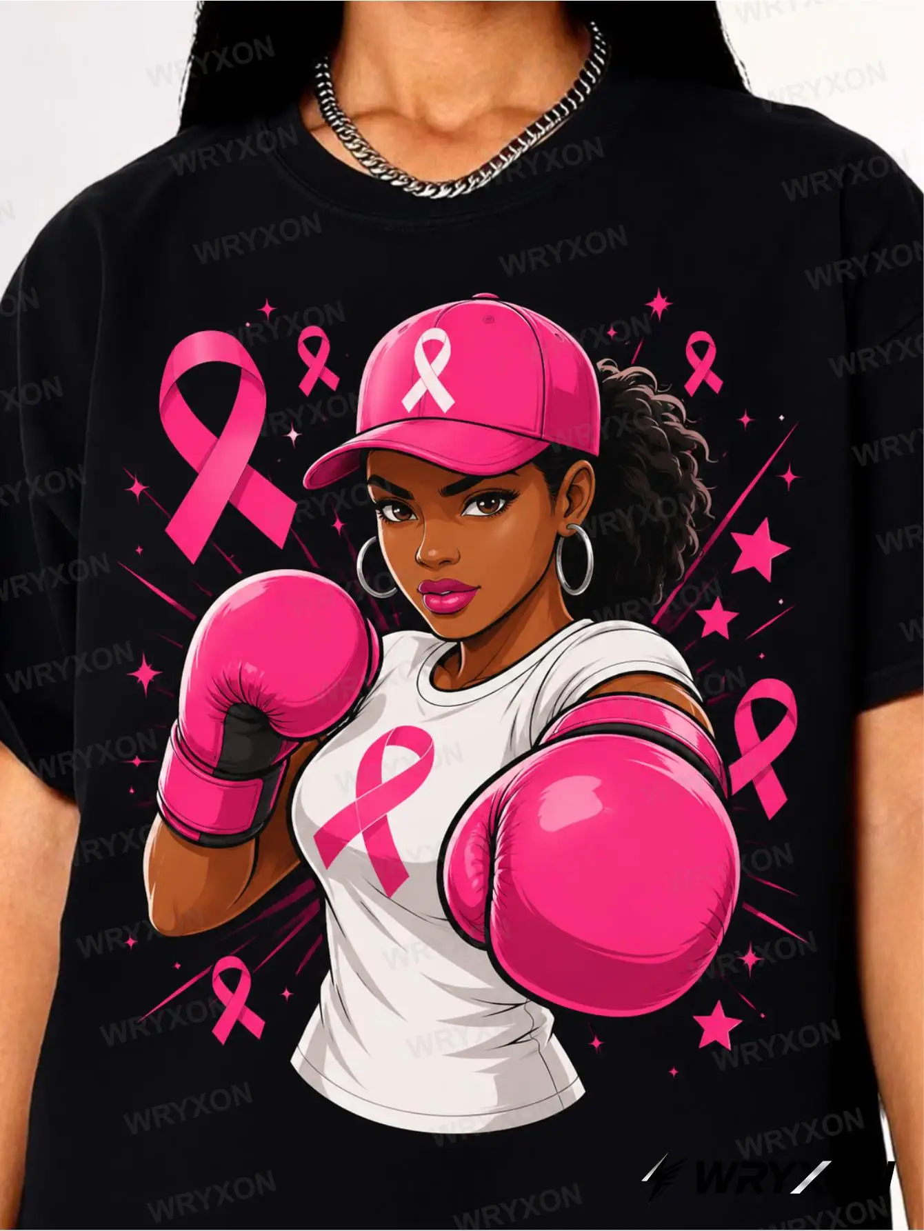 1 Piece, Unisex Breast Cancer Awareness Boxing Girl Pattern T-shirt, Pink Ribbon Inspirational Printed Short-sleeved Top, Charity Daily Casual Wear 180g 100% Cotton