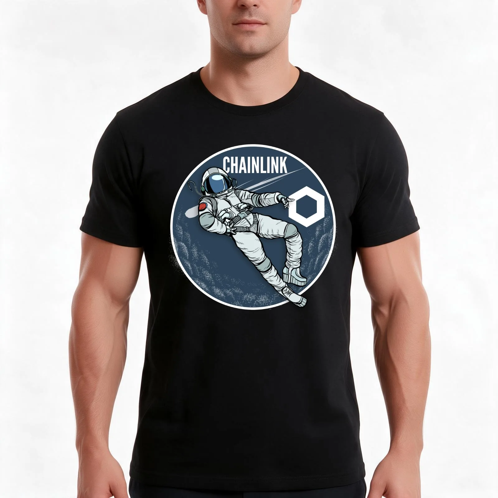 Chainlink LINK Chill Moon Man T-Shirt, Summer Casual Cotton Tee, Oversized Streetwear Tops, Vintage Graphic Print, 100% Cotton