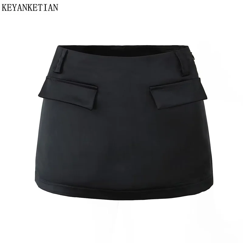 

KEYANKETIAN 2024 New Launch Women's Satin Mini Skirt Summer Office Lady Flap Pockets Decoration Side Zipper Low waist Slim Skirt