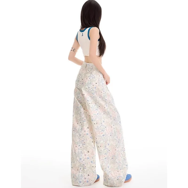 Y2K White Floral Print Women Jeans High Waist American Vintage Streetwear Wide Leg Jean Female Denim Trouser Baggy Denim Pants