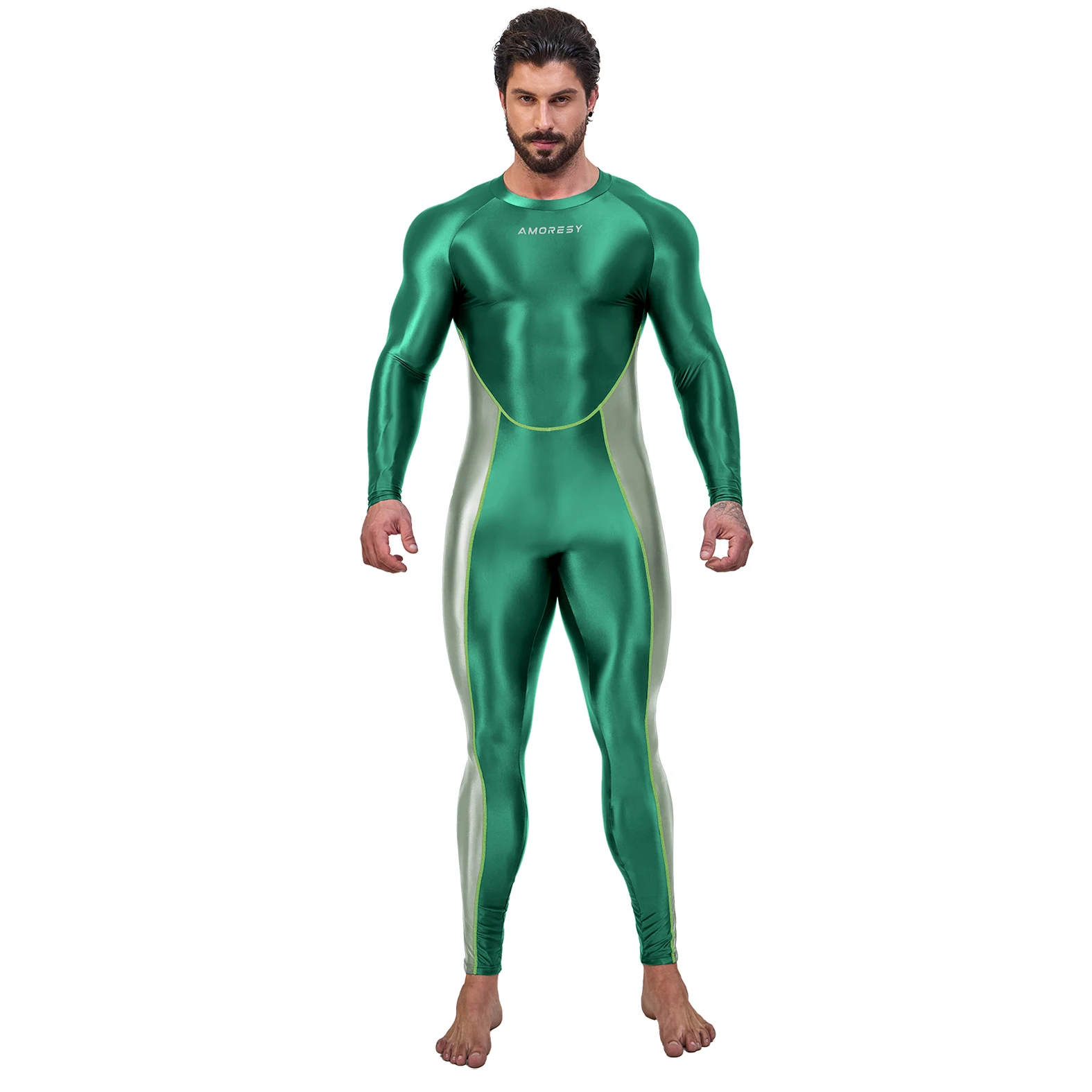 AMORESY Draco Series Herren-Body mit Farbblockmuster, durchgehende Spandex-Sportstrumpfhose, Catsuit, Spielanzug, Bademode, Overall