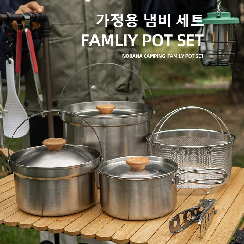 NOBANA Newest C B A Outdoor Stainless Steel Pot Set Camping Family Set 5L Portable Picnic Soup Pot Frying Steaming Household Pot