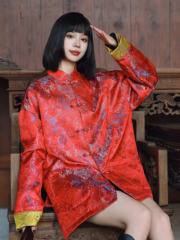 

Couples Sle Autumn Winter Chinese New Retro Jaet Top with Button Floral Embroidery Stand Fit Outerwear for Men