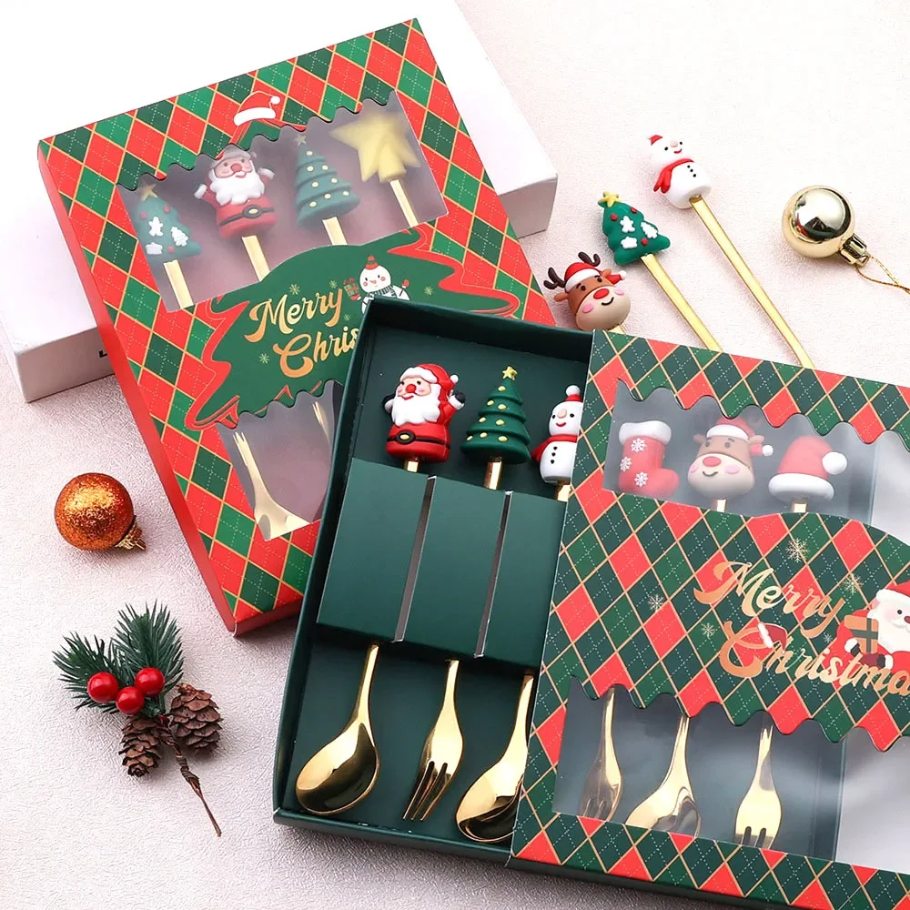 4/6Pcs Stainless Steel Cutlery Set Food-Grade Christmas Style In Gift Box, Dessert Cake Fruit Coffee Spoon Christmas Gift