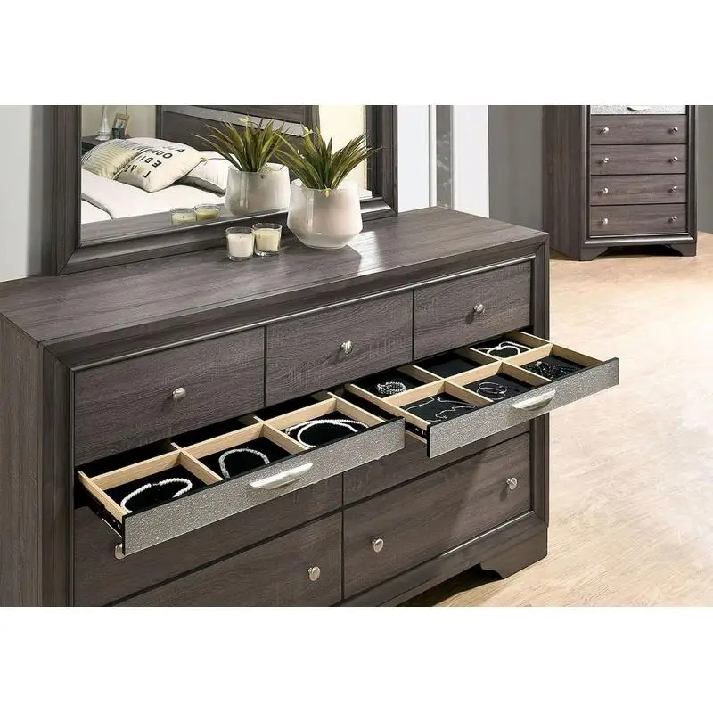 Cômoda cinza com conjunto de espelho, gaveta de joias oculta, cauda de andorinha inglesa, detalhes prateados, puxadores redondos, móveis de quarto, elegante