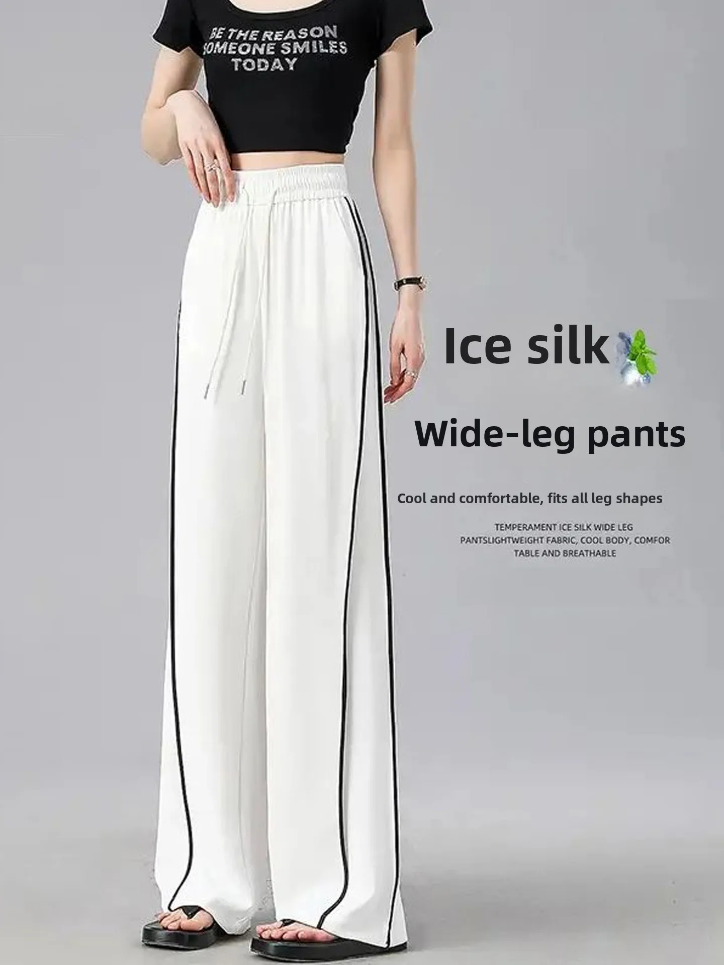 

Quick Dry Ice Silk Wide Leg Pants Women's Thin Straight Drape Casual Running White Sports Pants High Waist Polyester Fiber