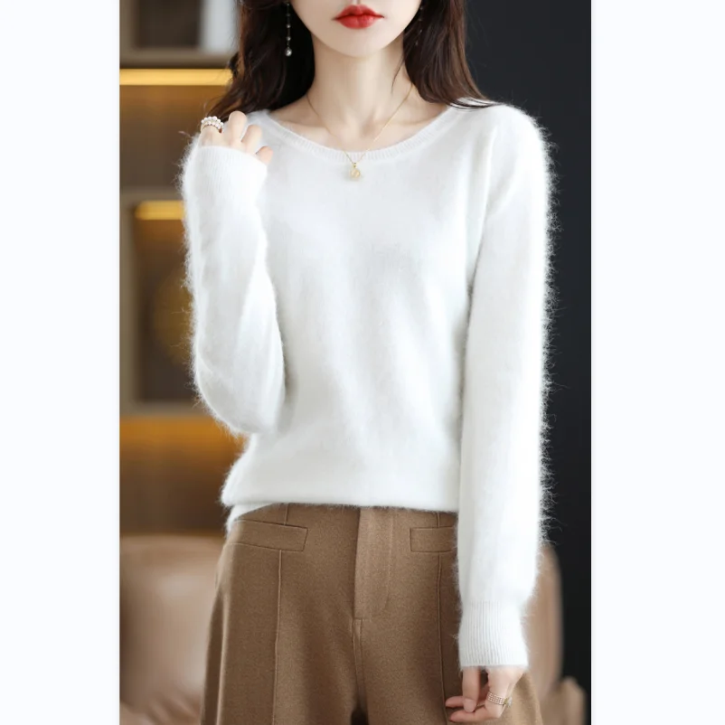 Autumn and Winter New Women's Sweater 100% Mink Cashmere Women's O-Neck Pullover Casual Knitting Basic Fashion Oversize Top