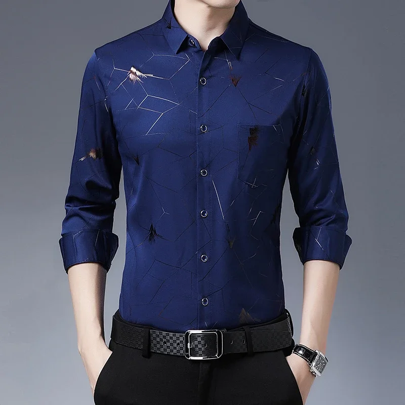 New Men\'s Casual Printed Long Sleeved Lapel Shirt for Spring and Autumn Fashion Comfortable Wrinkle Free Top Without Ironing