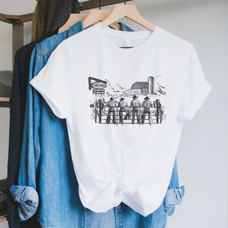 

Women Cowboy Rodeo Hand Drawn Graphic Cotton T-shirts Loose Short Sleeve Retro Western T-shirt Cowgirl Wild West Vintage Boho