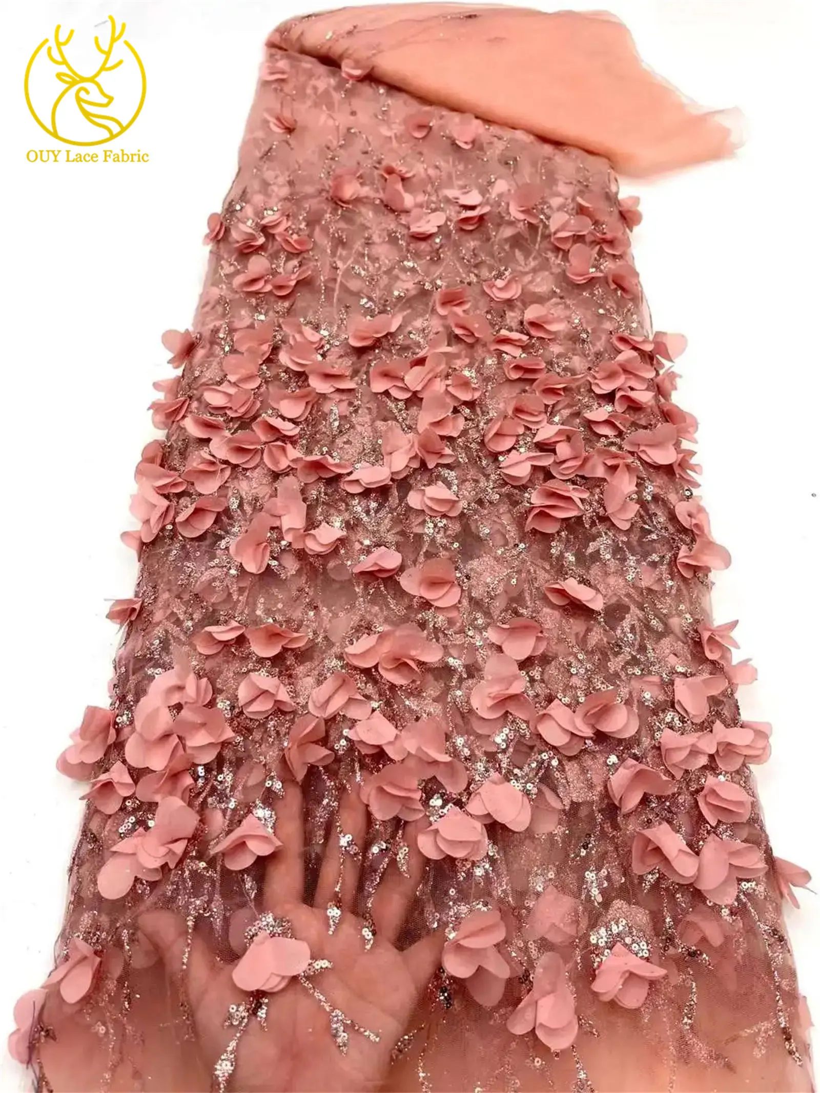 Tela de Encaje Floral Africana 3D de 5 Yardas, Tela de Encaje con Lentejuelas de Alta Calidad Estilo Francés Nigeriano para Vestido de Novia y Vestido de Noche