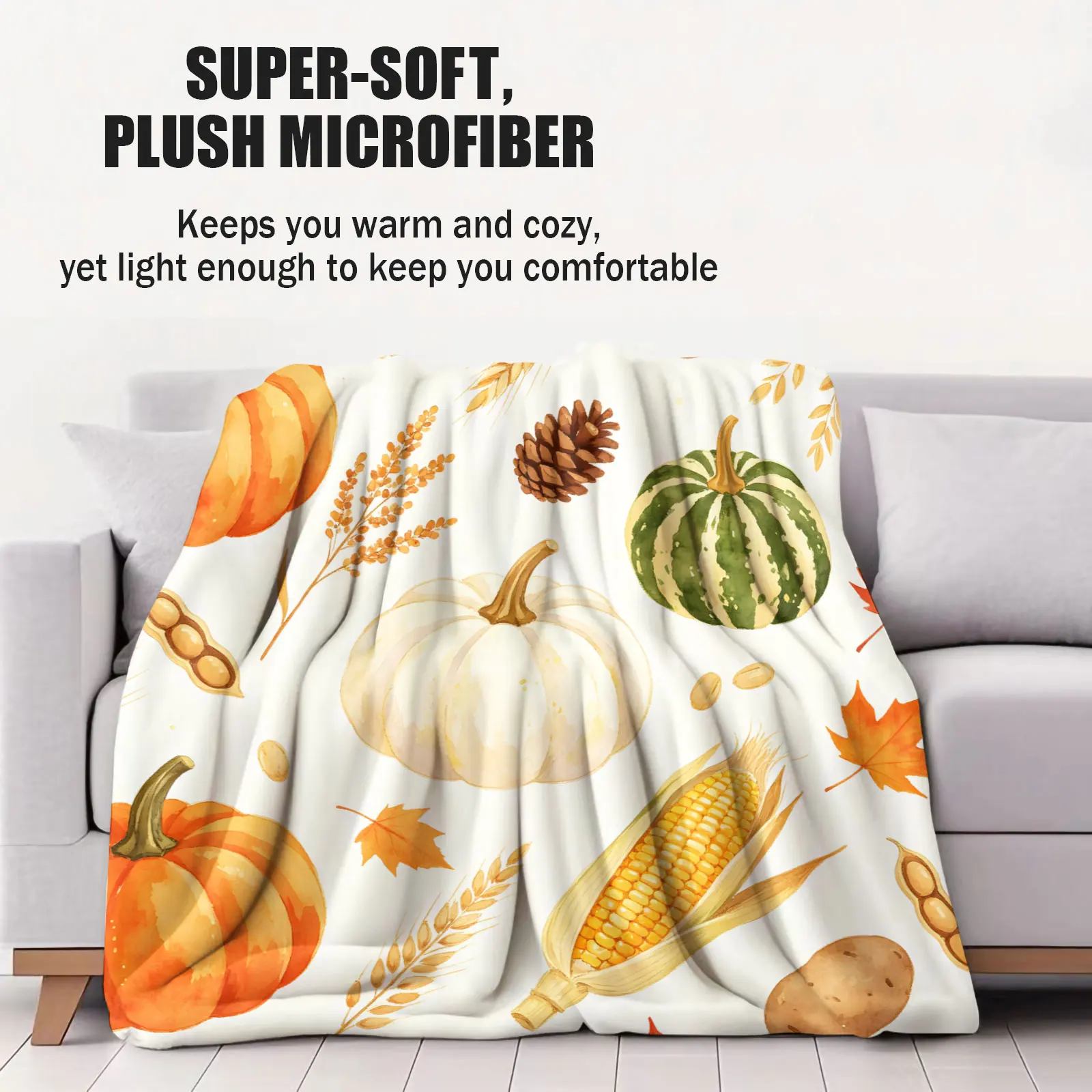 Thanksgiving Autumn Throw Blanket Soft Plush Microfiber Watercolor Pumpkin Corn Maple Leaf Pattern Lightweight Blanket for Sofa