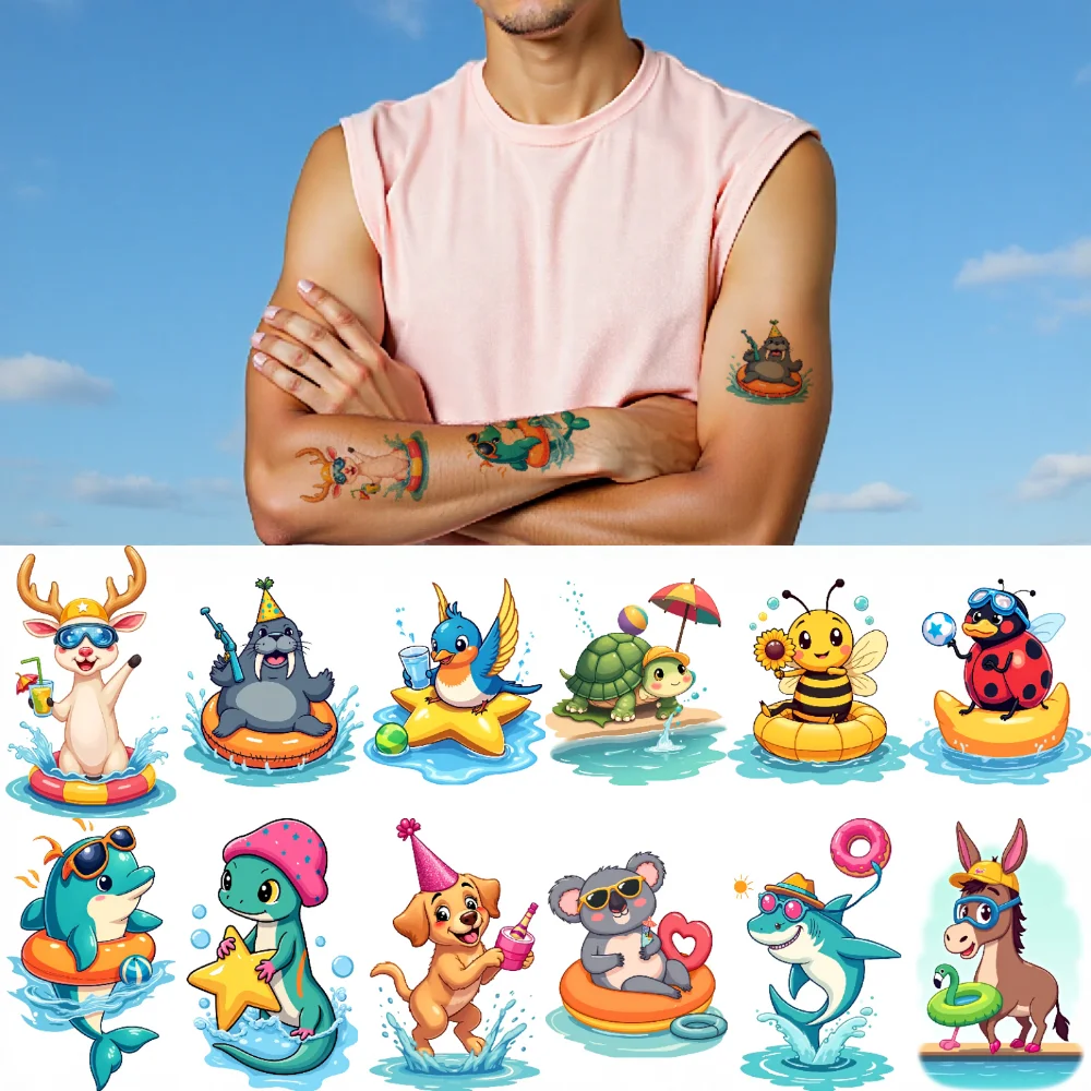 

28 шт., временные татуировки, пляжные забавные водонепроницаемые долговечные наклейки на тело, плавающие кольца, мультяшные животные, мультфильм для щек
