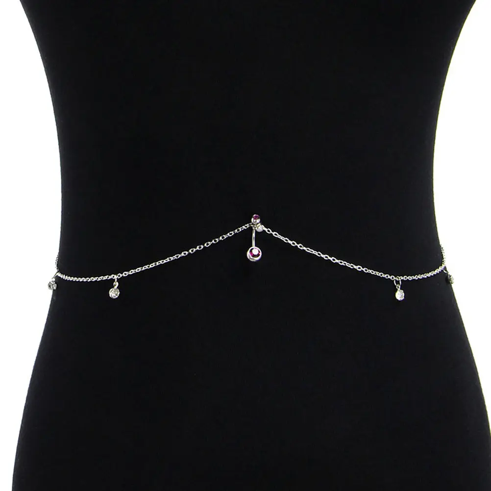Rhinestone Navel Ring Waist Chain Silver Simple Elegant Belly Button Ring Piercing Jewelry Beach Bikini Decoration