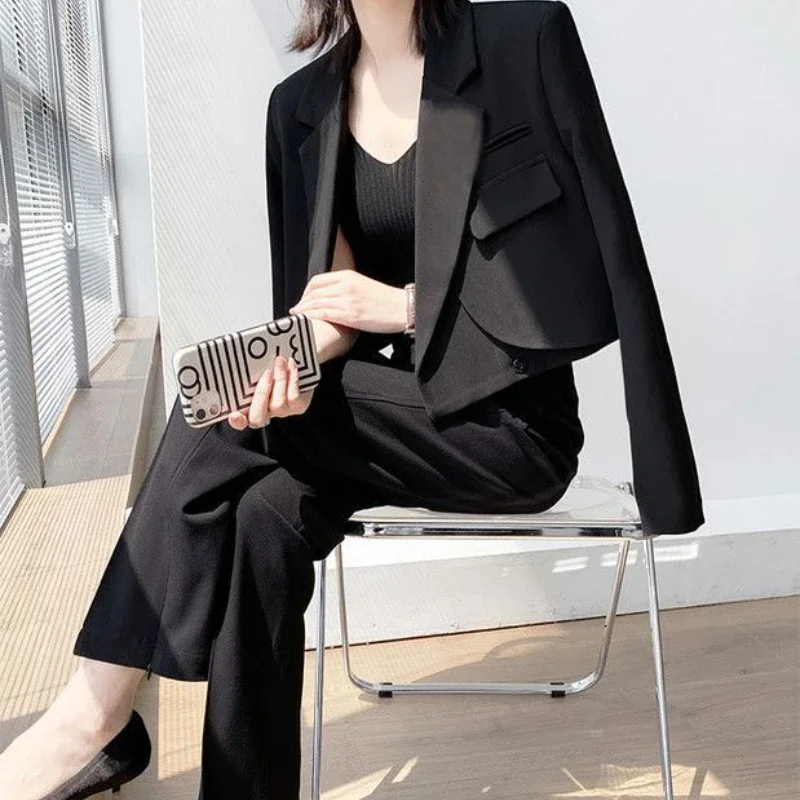 Crop Blazers Women Loose Solid Temper Hidden Breasted Office Lady Casual Ulzzang Elegant Outwear Fashion Streetwear Aesthetic