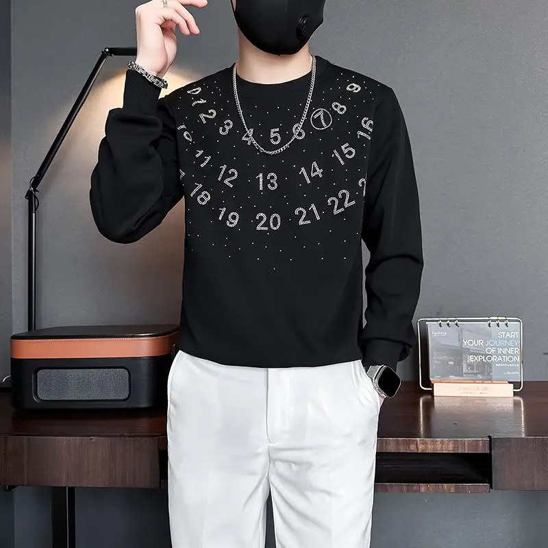 Fashion O-Neck Casual Digital Diamonds T-Shirts Men\'s Clothing Spring New Loose Long Sleeve All-match Tops Korean Tee Shirt