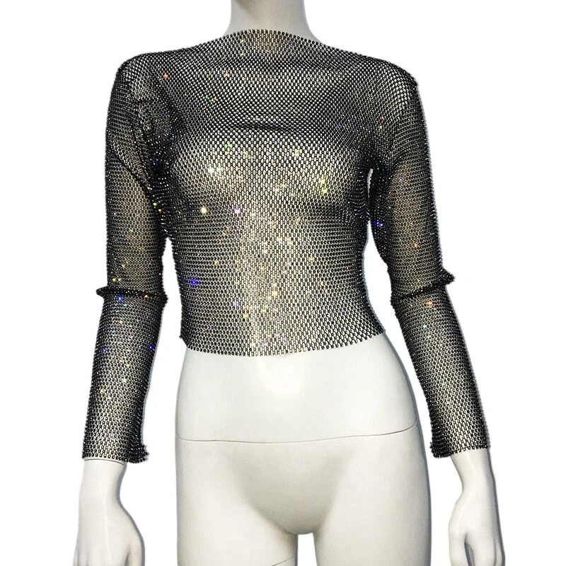 Vintage 2000er Jahre Damenmode Crop Top Netzstoff T-Shirt Glänzende Strass Starlight Durchsichtiges Sexy Oberteil Party Clubwear Top – Detail 9