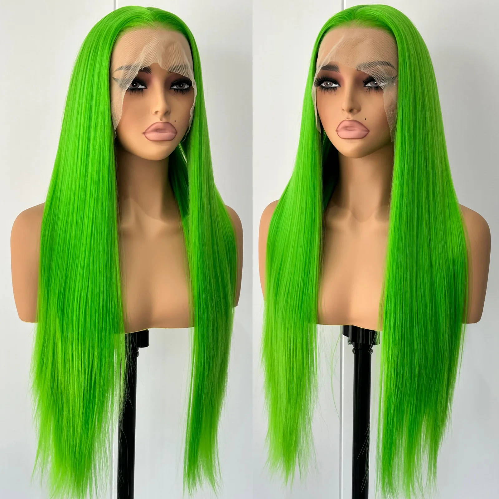 Long Green Wig Silky Straight Synthetic Hair Free Part Lime Green Colored Lace Heat Resistant Fiber Wigs for Women Party Cosplay
