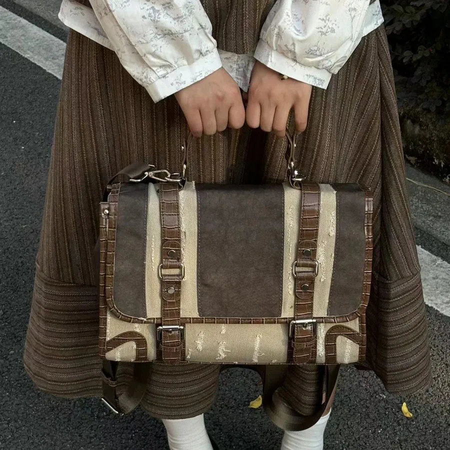 American Retro Spliced Backpack For Women Fashion Large Capacity Commute Handbags 2026 New Contrasting Color Crossbody Bags