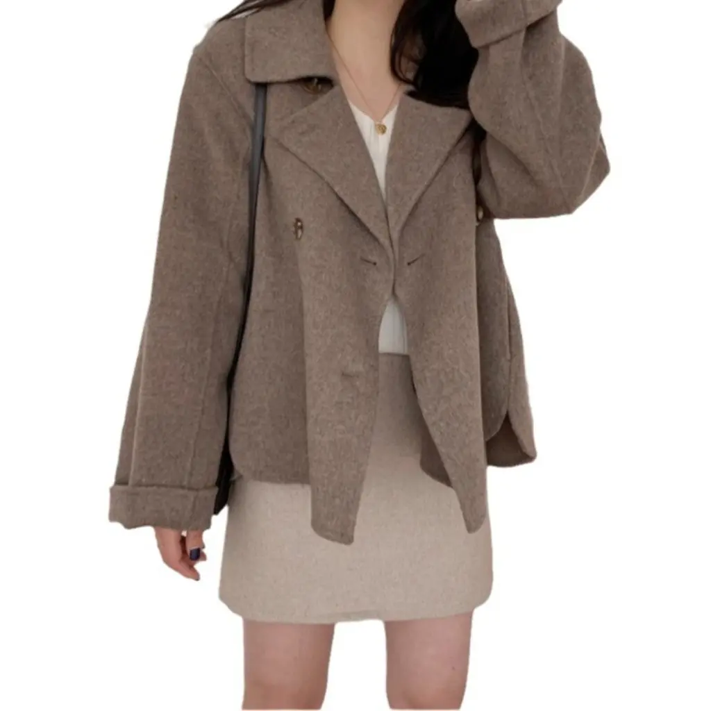 

Korean Chic Autumn Winter French Style Suit Collar Double-Breasted Loose Casual Long-Sleeved Warm Woolen Outwear